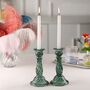 Two Tall Glass Candle Colored Taper Candlestick Holder, thumbnail 1 of 6