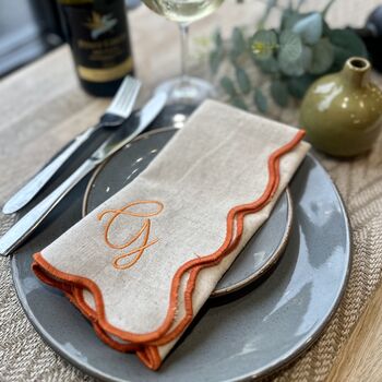 Embroidered Set Of Four Script Initial Scalloped Edge Napkins, 6 of 11