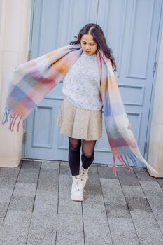 Pink Blue Plaid Warm Wrap Scarf, 5 of 8