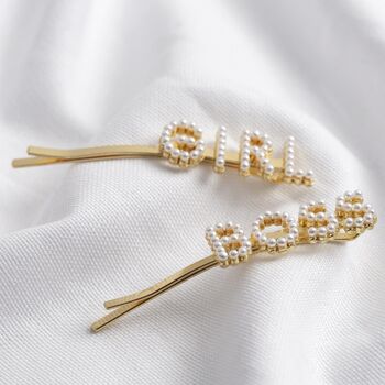 Set Of 'Girl' And 'Boss' Pearl Hair Slides In Gold, 2 of 4