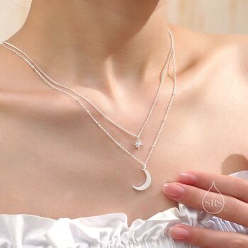 Sterling Silver Double Layer Crescent Moon And Star Pendant Necklace, 3 of 12