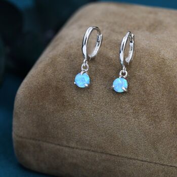Sterling Silver Blue Opal Dot Huggie Hoop Earrings, 2 of 10