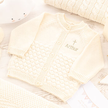 White Personalised Christening Cardigan With Cross, 2 of 12