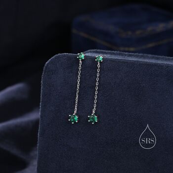 Emerald Green Cz Dangle Chain Stud Drop Earrings, 5 of 12