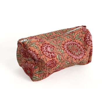 Pink And Orange Sunflower Block Print Cotton Washbag, Make Up Bag, 5 of 5