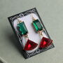 Festive Art Deco Ruby Earrings With Emerald Bar, thumbnail 3 of 5