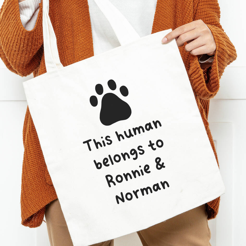 Personalised This Human Belongs To Pet Dog Tote Bag By Arrow Gift Co personalised-this-human-belongs-to-pet-dog-tote-bag-by-arrow-gift-co