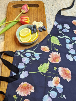 Blue Purple Sweet Pea And Dahlia Kitchen Apron, 4 of 7