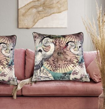 Sakura Sunshade Japanese Parasoles With Crane Birds Luxury Velvet Square Cushion, 5 of 6