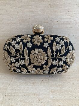 Black Handcrafted Embroidered Pearl Oval Clutch Bag, 6 of 10