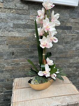 Large Pink Cymbidium Orchid In Gold Bowl, 5 of 8