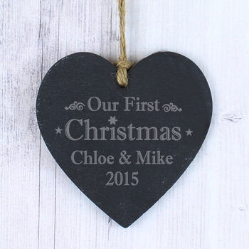 Personalised First Christmas Slate Heart Decoration, 2 of 2