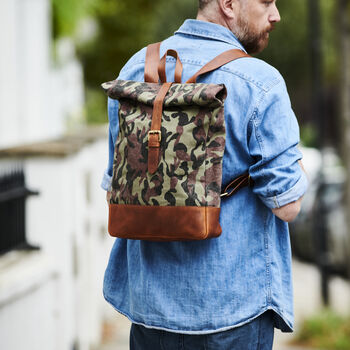 Camo Canvas And Leather Roll Top Backpack, 5 of 7