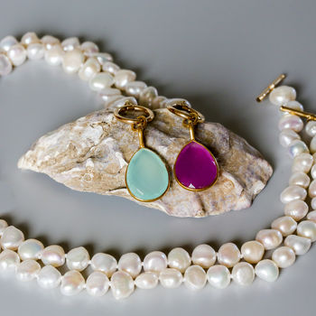 Mustique White Pearl Necklace With Aqua Chalcedony Drop, 3 of 6