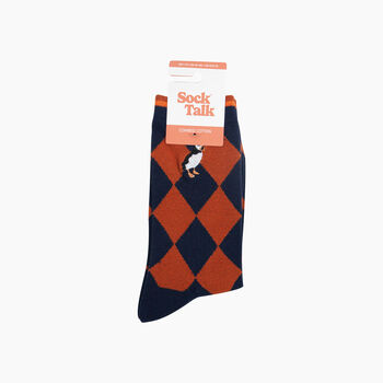 Embroidered Puffin Argyle Combed Cotton Socks In Navy/Orange, 4 of 4