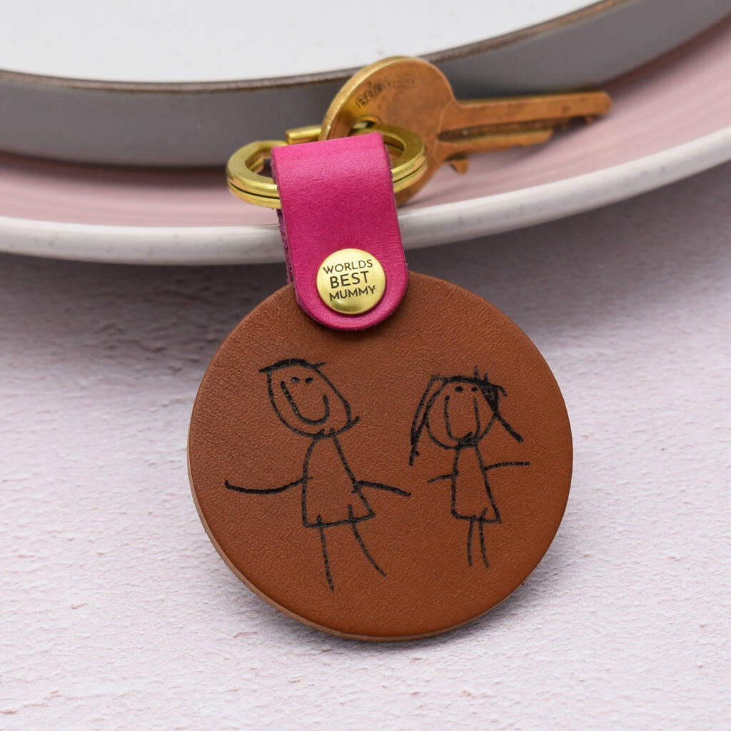 Personalised Child's Drawing Heart Leather Keyring