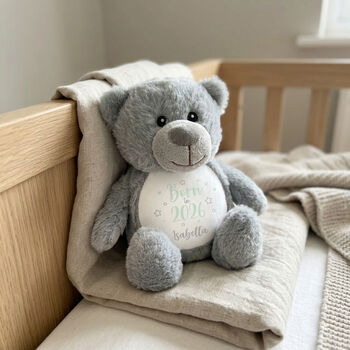 Personalised Born In 2026 Grey Teddy Bear – New Baby Arrival Gift, 2 of 8