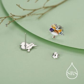 Mandarin Duck Enamel Stud Earrings In Sterling Silver, 5 of 10