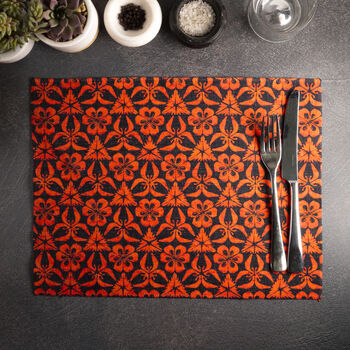 Red Orange Grey Hand Printed Canvas Place Mat Set, 10 of 12