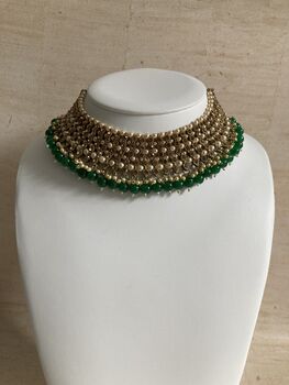 Indian Gold Plated Emerald Green Pearl Choker Set, 4 of 8