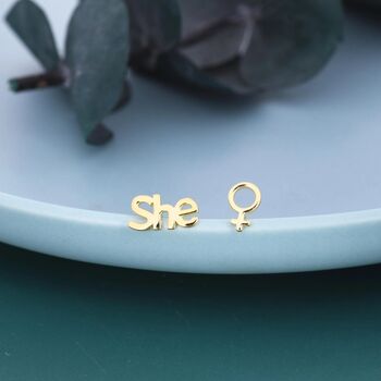 Mismatched Sterling Silver Female Symbol And She Stud Earrings, 4 of 12