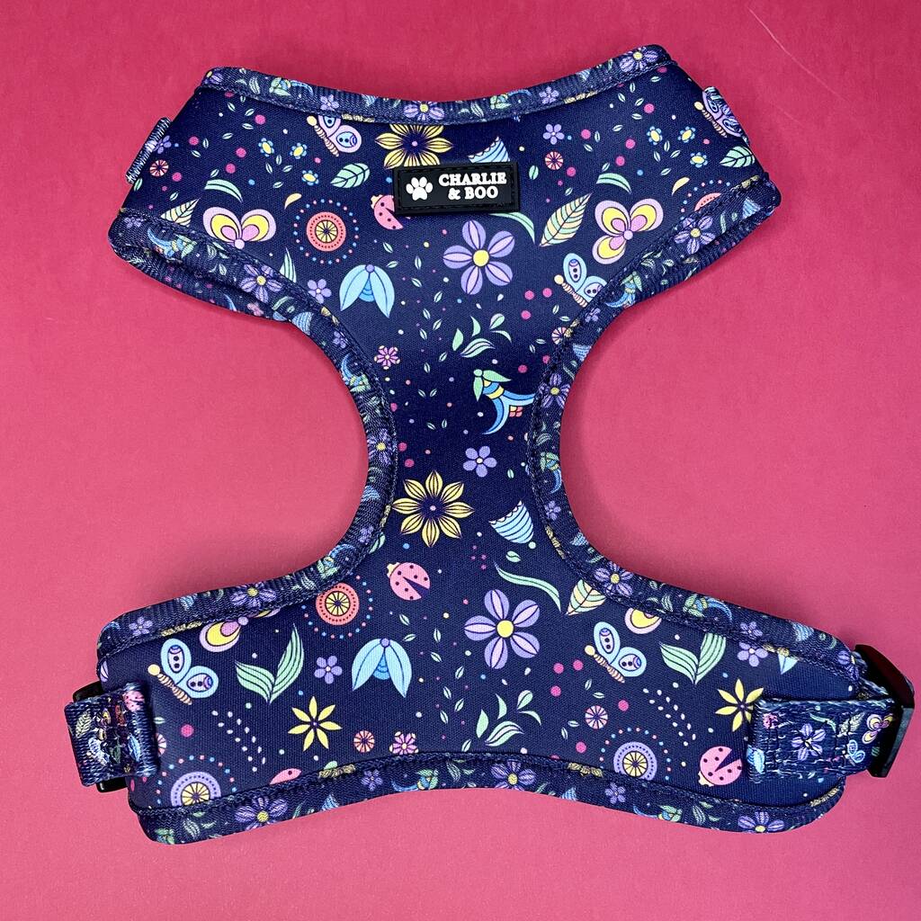 Navy And Pink Floral Dog Harness, 1 of 7