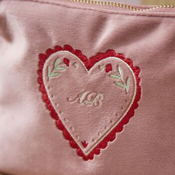 Personalised Pink Velvet Heart Embroidered Cosmetic Bag, 2 of 3