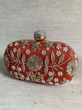 Orange Raw Silk Oval Pearl Clutch Bag, 8 of 10