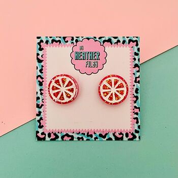 Pink Grapefruit Slice Glitter Stud Earrings, 5 of 5