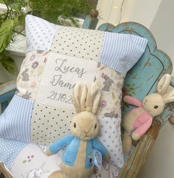 Personalised Blue And Grey Bunny Name Cushion, 2 of 9