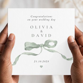 Personalised Mr And Mrs Wedding Card, On Your Wedding Day Sage Bow Card, 2 of 3