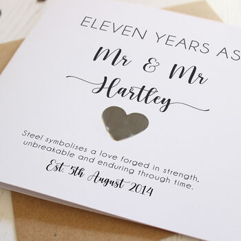 Personalised 11th Wedding Anniversary Card With Steel Heart, 3 of 8
