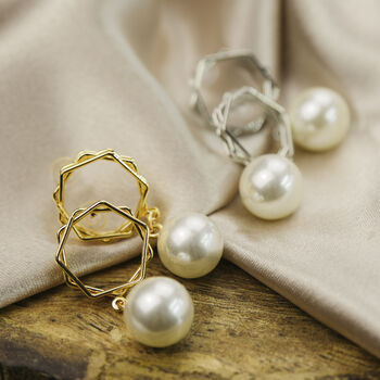 Hexagone Freshwater Single Pearl Dainty Drop Earrings, 6 of 7