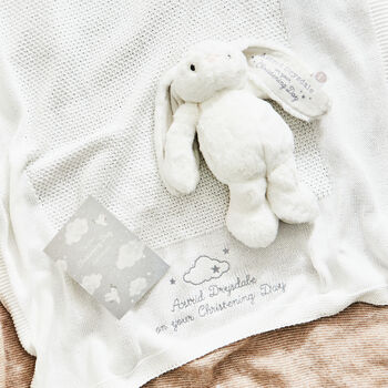 Personalised White Bunny And Shawl Christening Gift Set, 5 of 5