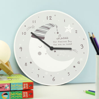 Personalised Moon Wooden Nursery Clock, 2 of 3