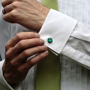 Emerald Green Round Fused Glass And Silver Cufflinks, 5 of 10