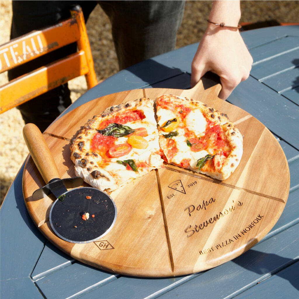 Personalised 'Est.' Pizza Serving Board And Cutter Set, 1 of 9