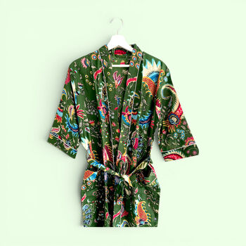 Green Floral Block Print 100% Cotton Dressing Gown, 6 of 7