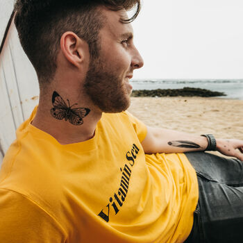 'Vitamin Sea' Mens Yellow Nautical Slogan T Shirt, 2 of 3