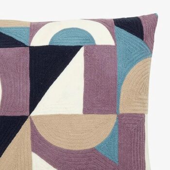 Geometric Purple And Dusty Blue Embroidered Cushion, 2 of 2