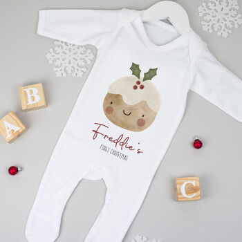 Personalised First Christmas Bodysuit / Babygrow Christmas Pudding, 3 of 7