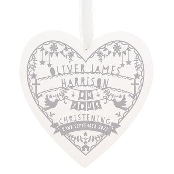 Personalised Christening Grey Papercut Style Wooden Heart, 2 of 3