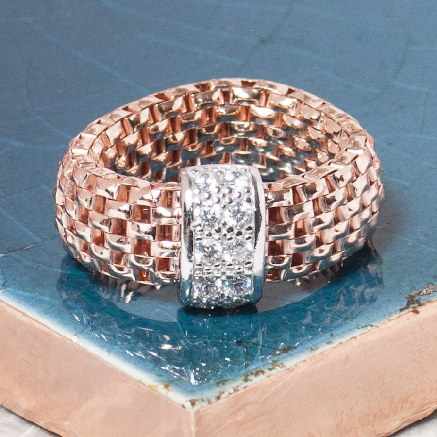 Rose Gold Stretch Ring With Zircons By Loel & Co.
