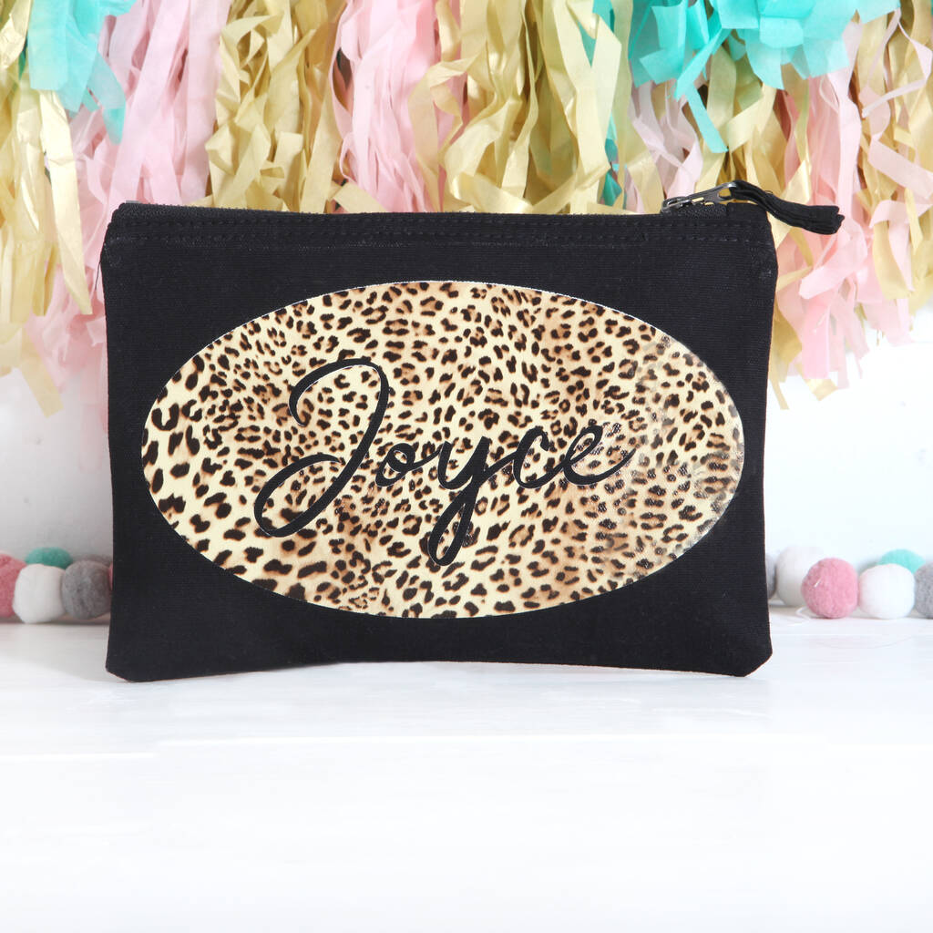 Personalised Black Pouch With Leopard Print Name By Red Berry Apple