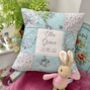 Peter Rabbit Name And Date Cushion Mint And Floral, thumbnail 3 of 9