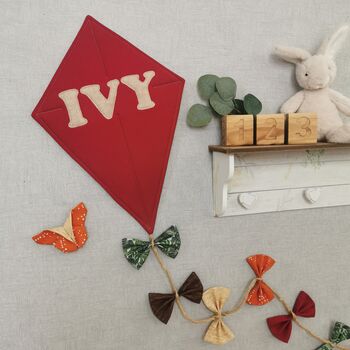 Kite Wall Hanging, Woodland Theme Bedroom, Whimsical Autumnal Nursery Decor, Red Brown Orange Green Yellow Door Name Sign, Child's Playroom, 6 of 7