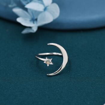 Sterling Silver Opal Moon And Star Large Ring, 4 of 11