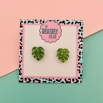 Green Monstera Leaf Glitter Stud Earrings, 5 of 5