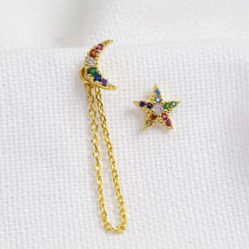 Rainbow Moon And Star Double Stud Chain Earring, 4 of 6