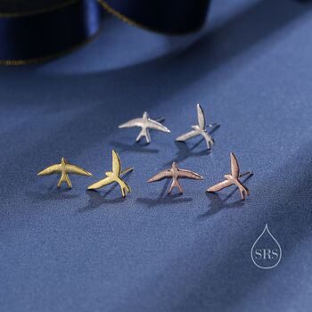 Sterling Silver Mismatched Asymmetric Swallow Bird Stud Earrings, 7 of 12
